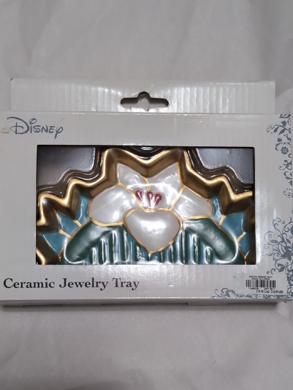 Disney Gold-Trimmed Teal & White Mulan Hair Comb Ceramic Tray